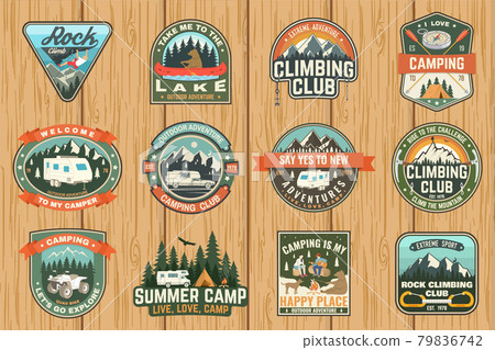 Set of Rock Climbing club and summer camp badges. Vector Concept for shirt or print, stamp, patch or tee. Vintage typography design with camping tent, trailer, camper, climber, carabiner and mountains Set of Rock Climbing club and summer camp badges. Vector Concept for shirt or print, stamp, patch or tee. Vintage typography design with camping tent, trailer, camper, climber, carabiner and mountains 79836742