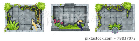 Jungle stone game frame set, tropical rock UI menu panel, vector green bushes, liana, vine, toucan Jungle stone game frame set, tropical rock UI menu panel, vector green bushes, liana, vine, toucan 79837072