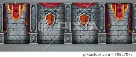 Medieval castle brick wall seamless texture, ancient stone temple interior background, wooden shield 79837073
