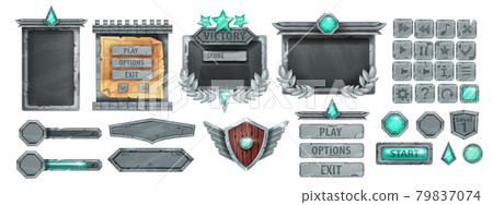 Stone UI game frame, ancient rock button, gray boulder sign board panel, menu concept, victory badge 79837074