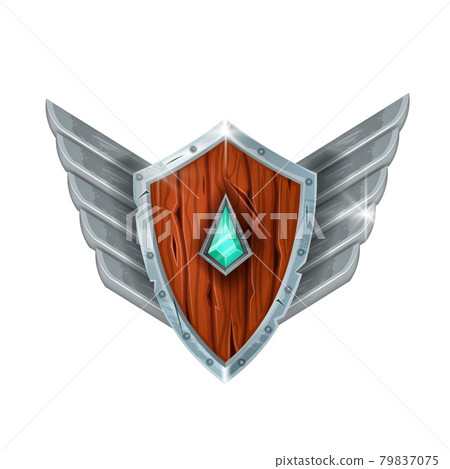 Wooden game shield badge, vector winner rank silver award, medieval knight trophy achievement Wooden game shield badge, vector winner rank silver award, medieval knight trophy achievement 79837075