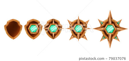 Victory game badge set, vector rank medal award trophy kit, bronze shield, green emerald crystal Victory game badge set, vector rank medal award trophy kit, bronze shield, green emerald crystal 79837076