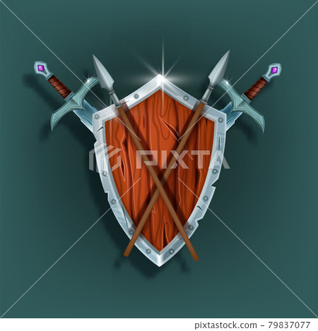 Wooden game shield vector illustration, medieval knight armor, iron sword, spear, warrior inventory Wooden game shield vector illustration, medieval knight armor, iron sword, spear, warrior inventory 79837077