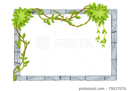 Stone jungle UI game frame, vector rock border, tropical leaf, vine, liana, ancient gray brick Stone jungle UI game frame, vector rock border, tropical leaf, vine, liana, ancient gray brick 79837078