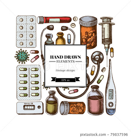 Square design with colored vial of blood, pills and medicines, medical thermometer, coronavirus 79837596