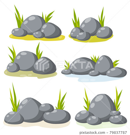 Set of stones for the background. Forest and mountain environment. Gray cobblestone with moss and grass. Granite on white background 79837787