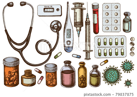 Vector set of hand drawn colored vial of blood, pills and medicines, medical thermometer Vector set of hand drawn colored vial of blood, pills and medicines, medical thermometer 79837875