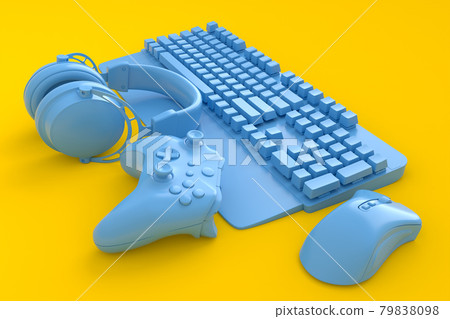 Top view of gamer workspace and gear like mouse, keyboard, joystick, headset 79838098
