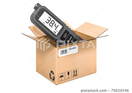 Coating thickness gauge inside cardboard box, delivery concept. 3D rendering Coating thickness gauge inside cardboard box, delivery concept. 3D rendering 79838546