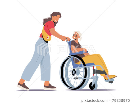 Volunteer Character Help Old People in Nursing Home. Young Social Worker Care of Sick Senior Woman Driving on Wheelchair 79838970