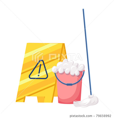Cleaning Service Equipment Bucket with Soap Foam, Broom and Yellow Warning Sign. Maid Tools for Washing and Work 79838992