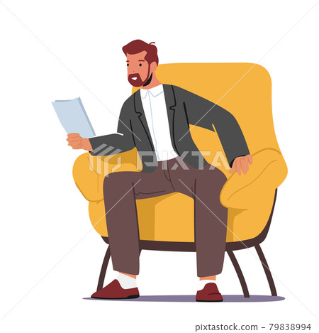 Businessman Character Wearing Formal Wear Sitting in Armchair Reading Paper Document, Applicant Cv, Data Analysis Report 79838994