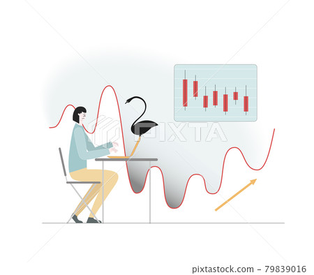 Black swan flew. Started economic decline. Market stocks fell. Girl with lapton. Vector 79839016