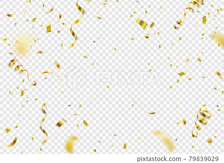 Gold confetti, serpentine ribbons isolated on transparent vector background. Glitter tinsel, shiny streamer pattern in 3d realistic style for birthday, party, carnival design 79839029