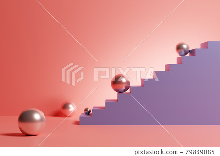 Silver spheres and a staircase. 3D illustration Silver spheres and a staircase. 3D illustration 79839085