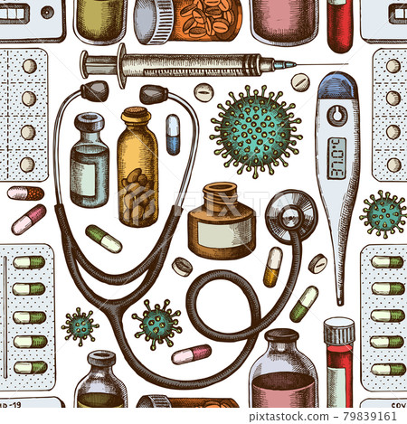 Seamless pattern with hand drawn colored vial of blood, pills and medicines, medical thermometer 79839161