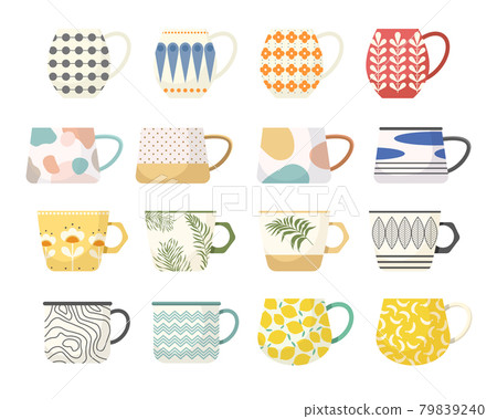 Set of Tea or Coffee Cups. Mugs with Trendy Ornaments Flowers, Polka Dots, Plant and Palm Leaf Branches and Patterns 79839240