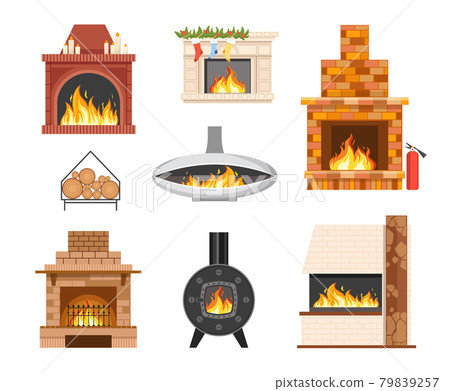 Set of Home Brick and Metal Fireplaces with Burning Fire, Forgery, Xmas Decor and Grating. Indoors Chimney Set of Home Brick and Metal Fireplaces with Burning Fire, Forgery, Xmas Decor and Grating. Indoors Chimney 79839257