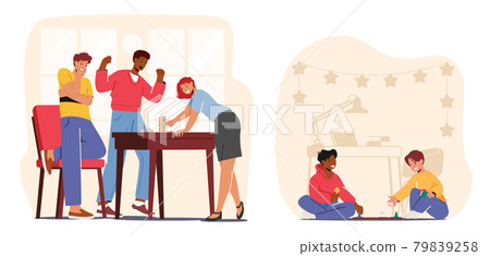 Joyful Sparetime in Friends Company, Kids Board Games. Adult and Children Characters Playing Board Games Leisure and Fun 79839258