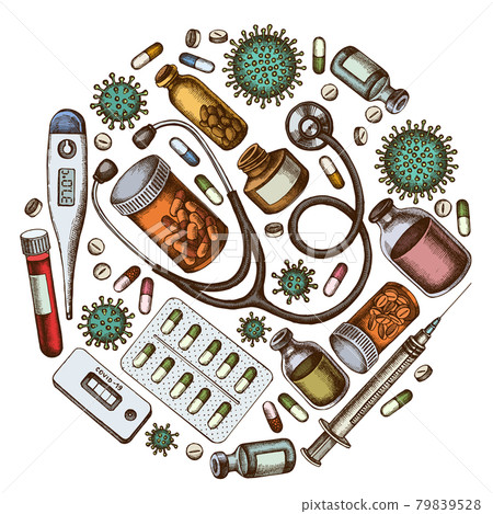 Round design with colored vial of blood, pills and medicines, medical thermometer, coronavirus rapid Round design with colored vial of blood, pills and medicines, medical thermometer, coronavirus rapid 79839528