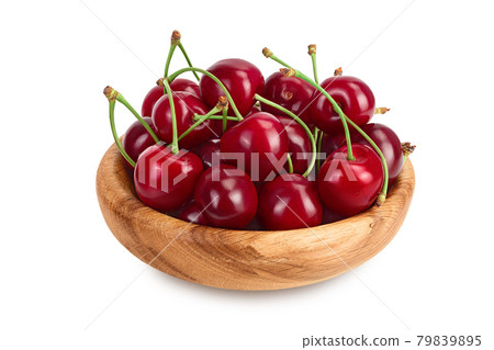 red sweet cherry in wooden bowl isolated on white background with clipping path and full depth of field 79839895