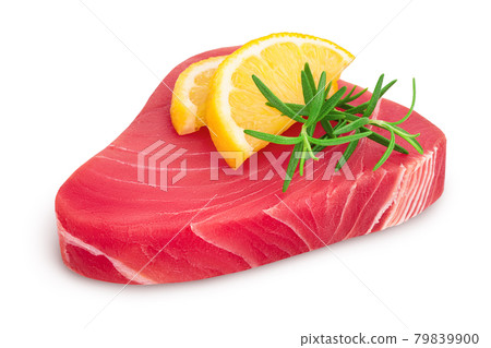 Fresh tuna fish fillet steak with rosemary and lemon isolated on white background with clipping path and full depth of field Fresh tuna fish fillet steak with rosemary and lemon isolated on white background with clipping path and full depth of field 79839900