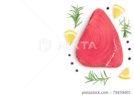 Fresh tuna fish fillet steak isolated on white background with clipping path. Top view with copy space for your text. .Flat lay Fresh tuna fish fillet steak isolated on white background with clipping path. Top view with copy space for your text. .Flat lay 79839901