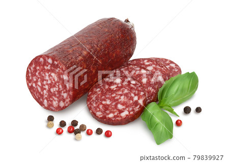Smoked sausage salami isolated on white background with clipping path and full depth of field 79839927