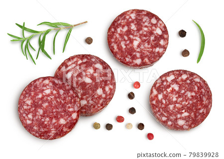 Smoked sausage salami slices isolated on white background with clipping path and full depth of field. Top view. Flat lay 79839928