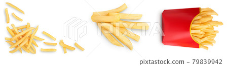 French fries or fried potatoes isolated on white background. Set or collection French fries or fried potatoes isolated on white background. Set or collection 79839942