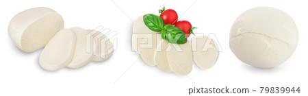 Mozzarella cheese sliced with basil leaf isolated on white background . Set or collection Mozzarella cheese sliced with basil leaf isolated on white background . Set or collection 79839944