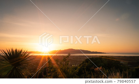 Sunset shot with colorful sky with Kapiti Island in backdrop shot on outlook above Paraparaumu on Kapiti coast, Wellington, North Island 79840557