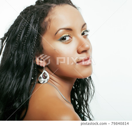 young pretty african american woman isolated on white background happy smiling, wearing bright shawl and jewelry, lifestyle people concept young pretty african american woman isolated on white background happy smiling, wearing bright shawl and jewelry, lifestyle people concept 79840814