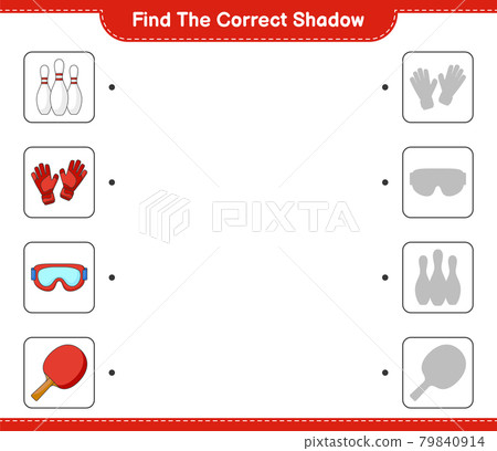 Find the correct shadow. Find and match the correct shadow of Bowling Pin, Goggle, Ping Pong Racket, and Goalkeeper Gloves. Educational children game, printable worksheet, vector illustration 79840914