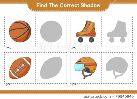 Find the correct shadow. Find and match the correct shadow of Hockey Helmet, Roller Skate, Basketball, and Soccer Ball. Educational children game, printable worksheet, vector illustration 79840940