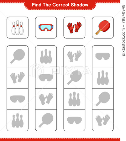 Find the correct shadow. Find and match the correct shadow of Bowling Pin, Goggle, Ping Pong Racket, and Goalkeeper Gloves. Educational children game, printable worksheet, vector illustration 79840949