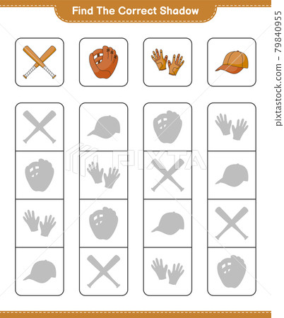 Find the correct shadow. Find and match the correct shadow of Baseball Glove, Golf Gloves, Cap Hat, and Baseball Bat. Educational children game, printable worksheet, vector illustration Find the correct shadow. Find and match the correct shadow of Baseball Glove, Golf Gloves, Cap Hat, and Baseball Bat. Educational children game, printable worksheet, vector illustration 79840955