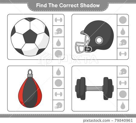 Find the correct shadow. Find and match the correct shadow of Soccer Ball, Football Helmet, Dumbbell, and Punching Bag. Educational children game, printable worksheet, vector illustration Find the correct shadow. Find and match the correct shadow of Soccer Ball, Football Helmet, Dumbbell, and Punching Bag. Educational children game, printable worksheet, vector illustration 79840961