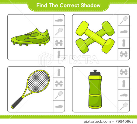 Find the correct shadow. Find and match the correct shadow of Water Bottle, Tennis Racket, Soccer Shoes and Dumbbell. Educational children game, printable worksheet, vector illustration Find the correct shadow. Find and match the correct shadow of Water Bottle, Tennis Racket, Soccer Shoes and Dumbbell. Educational children game, printable worksheet, vector illustration 79840962