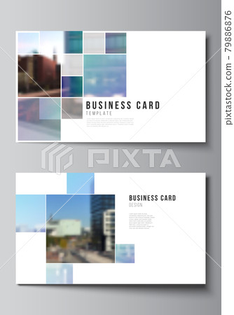 Vector layout of two creative business cards design templates, horizontal template vector design. Abstract design project in geometric style with blue squares. Vector layout of two creative business cards design templates, horizontal template vector design. Abstract design project in geometric style with blue squares. 79886876