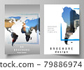 Vector layout of A4 cover mockups templates for brochure, flyer layout, cover design, book design, brochure cover. Design template in the form of world maps and colored frames, insert your photo. 79886974