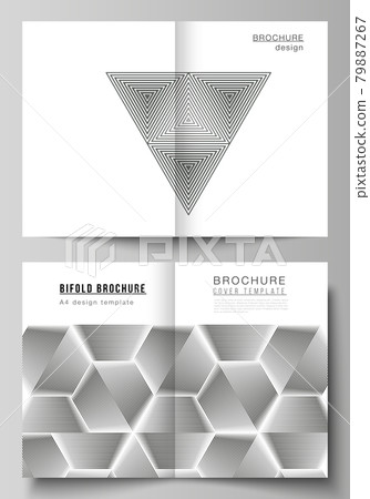 Vector layout of two A4 format modern cover mockups design templates for bifold brochure, magazine, flyer, booklet. Abstract geometric triangle design background using triangular style patterns. Vector layout of two A4 format modern cover mockups design templates for bifold brochure, magazine, flyer, booklet. Abstract geometric triangle design background using triangular style patterns. 79887267