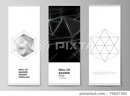 The vector layout of roll up banner stands, vertical flyers, flags design business templates. 3d polygonal geometric modern design abstract background. Science or technology vector illustration. The vector layout of roll up banner stands, vertical flyers, flags design business templates. 3d polygonal geometric modern design abstract background. Science or technology vector illustration. 79887360
