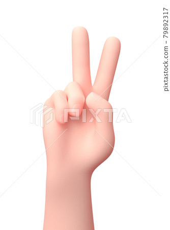 Two Fingers Raised Hand. 3D Cartoon Character. Isolated on White 79892317