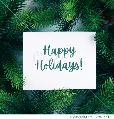 Christmas new year background with white card with text wishing Happy Holidays in green branches 79893518