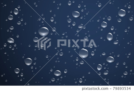 Water drop background. Realistic wet rainy window with round drips. Sprinkled dew on glass mockup. Smooth surface with droplets. Chaotic clean aqua splashes. Vector raindrop texture Water drop background. Realistic wet rainy window with round drips. Sprinkled dew on glass mockup. Smooth surface with droplets. Chaotic clean aqua splashes. Vector raindrop texture 79893534