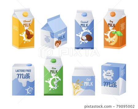 Organic milk. Vegetarian drinks collection for coffee and tea. Vegan milky replacement. Isolated cardboard food containers. Lactose free liquid products. Vector healthy beverages set 79895002