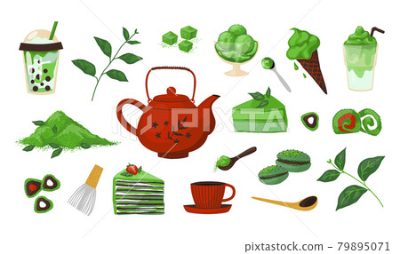 Matcha dessert. Japanese tea green powder culture elements. Cheesecake and macaroon sweets. Asian organic food or drinks. Natural ice cream and cocktails. Vector delicious meal set 79895071