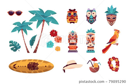 Hawaiian Tiki icons. Summer tropical art with palms and flowers. Surfboard, sunglasses or hat. Beach vacation collection. Tribal totem. Vector elements set of recreation on islands 79895290