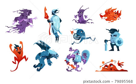 Cartoon game monsters. Alien creatures and mascot characters. Boss of enemies and beasts. Gaming design elements set. Fairy knights or creepy ghosts with evil faces. Vector scary mutants 79895568